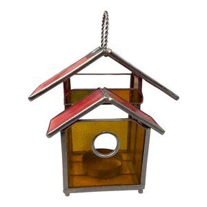 Slag stained glass leaded Lantern Bird House Tea light Candleholder, Red and Amb